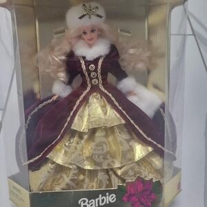 1996 Christmas Barbie‎ doll in burgundy and gold velvet gown with fur trim doll